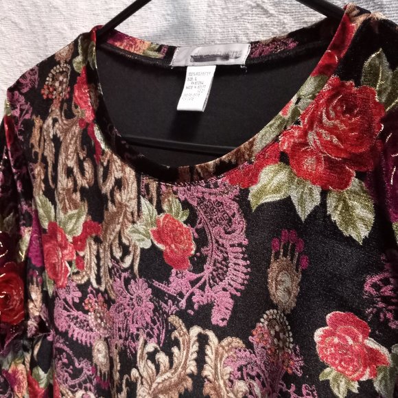 Dress Barn Elegant Stretch Velveteen Floral Pattern Long Sleeved Blouse Top Sz L - Picture 9 of 11